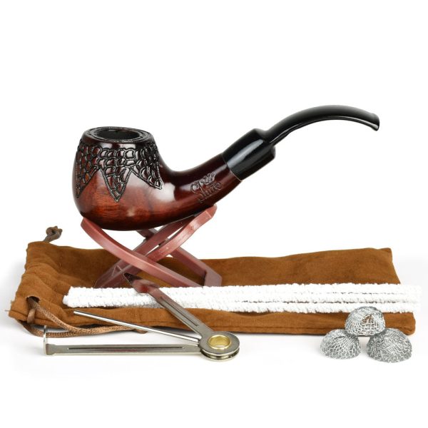 Pulsar Shire Pipes Engraved Bowl Bent Apple Cherry Wood Pipe - 5.5" - Image 2